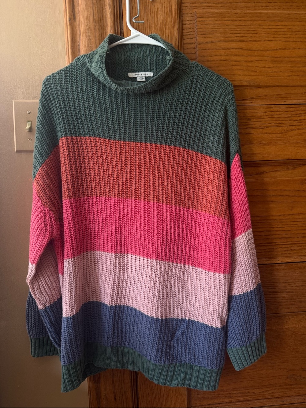 American Eagle Green and Multi-Stripe Mock Neck Sweater